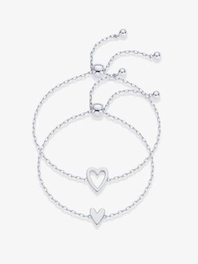 Heart Duo Charm Adjustable Bracelet Set - Silver